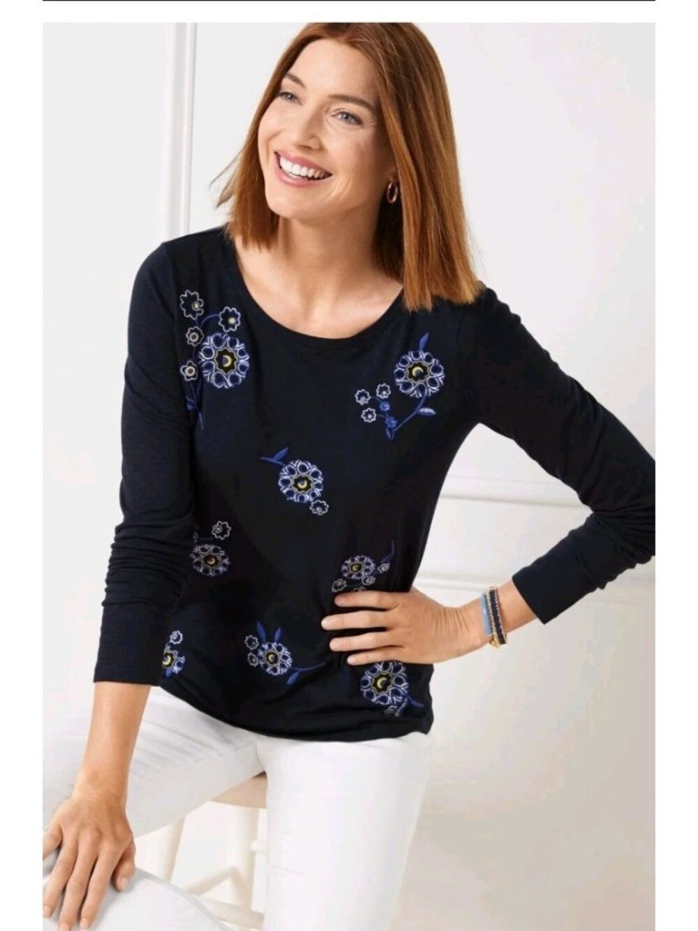 Talbots Long Sleeve T-Shirt Embroidered Floral Pattern Navy Blue XL NWT